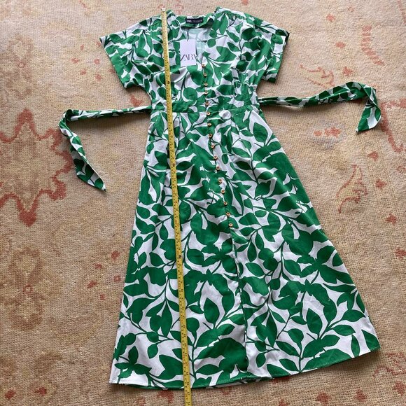 NWT ZARA Women's Belted Green & White Leaves Printed Long Midi Dress, Medium - Picture 8 of 13